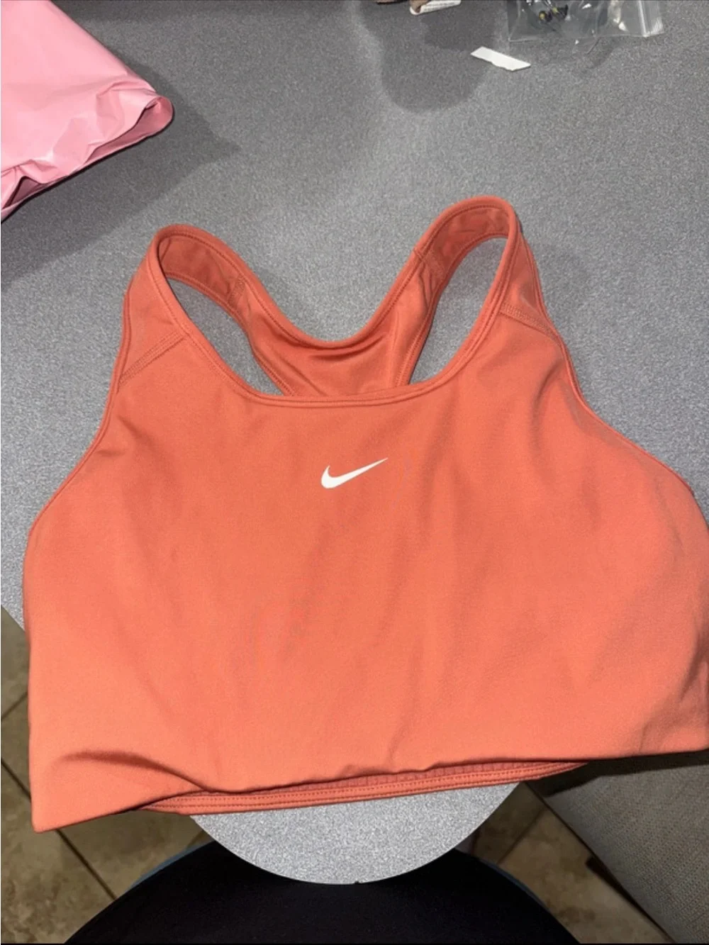 Nike Coral Racerback Sports Bra with White Swoosh